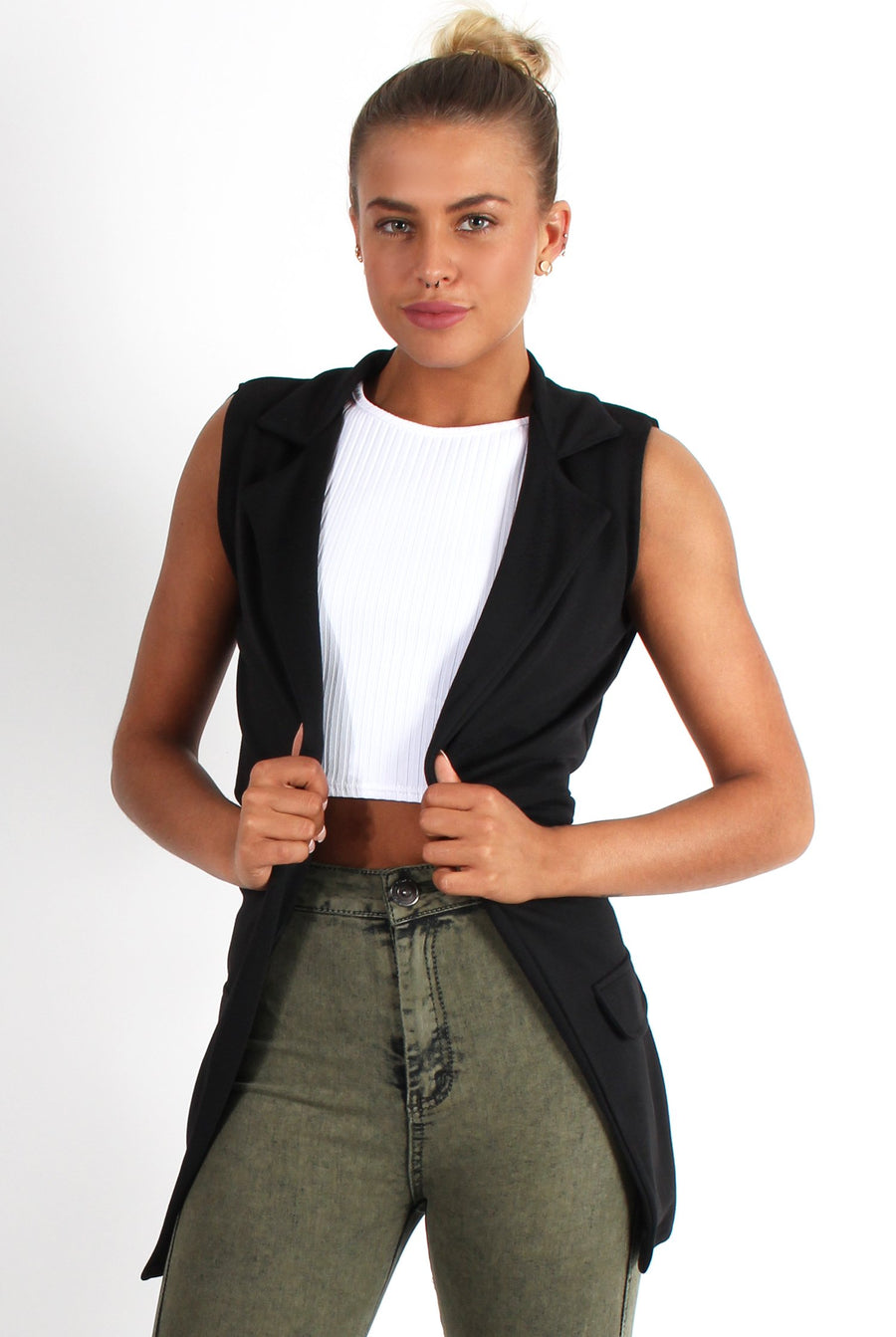 Lacie Black Sleeveless Jacket-Jackets