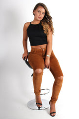 Lana Rust Skinny Fit Ripped Knee Cords-Dresses