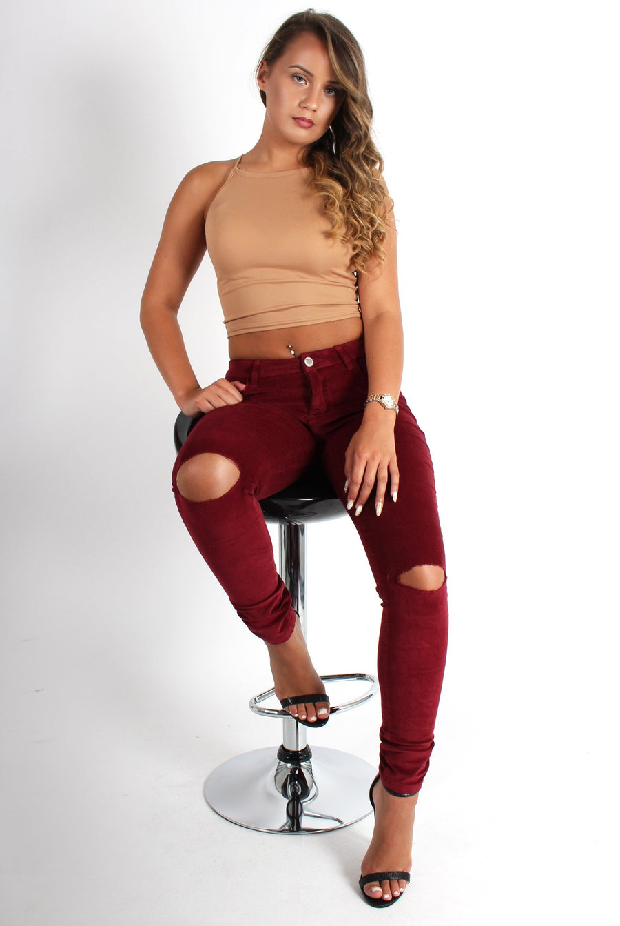 Lana Wine Skinny Fit Ripped Knee Cords-Dresses