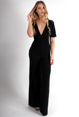 Lara Black Rushed V Front Jumpsuit-Jumpsuits