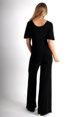 Lara Black Rushed V Front Jumpsuit-Jumpsuits
