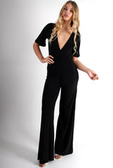Lara Black Rushed V Front Jumpsuit-Jumpsuits