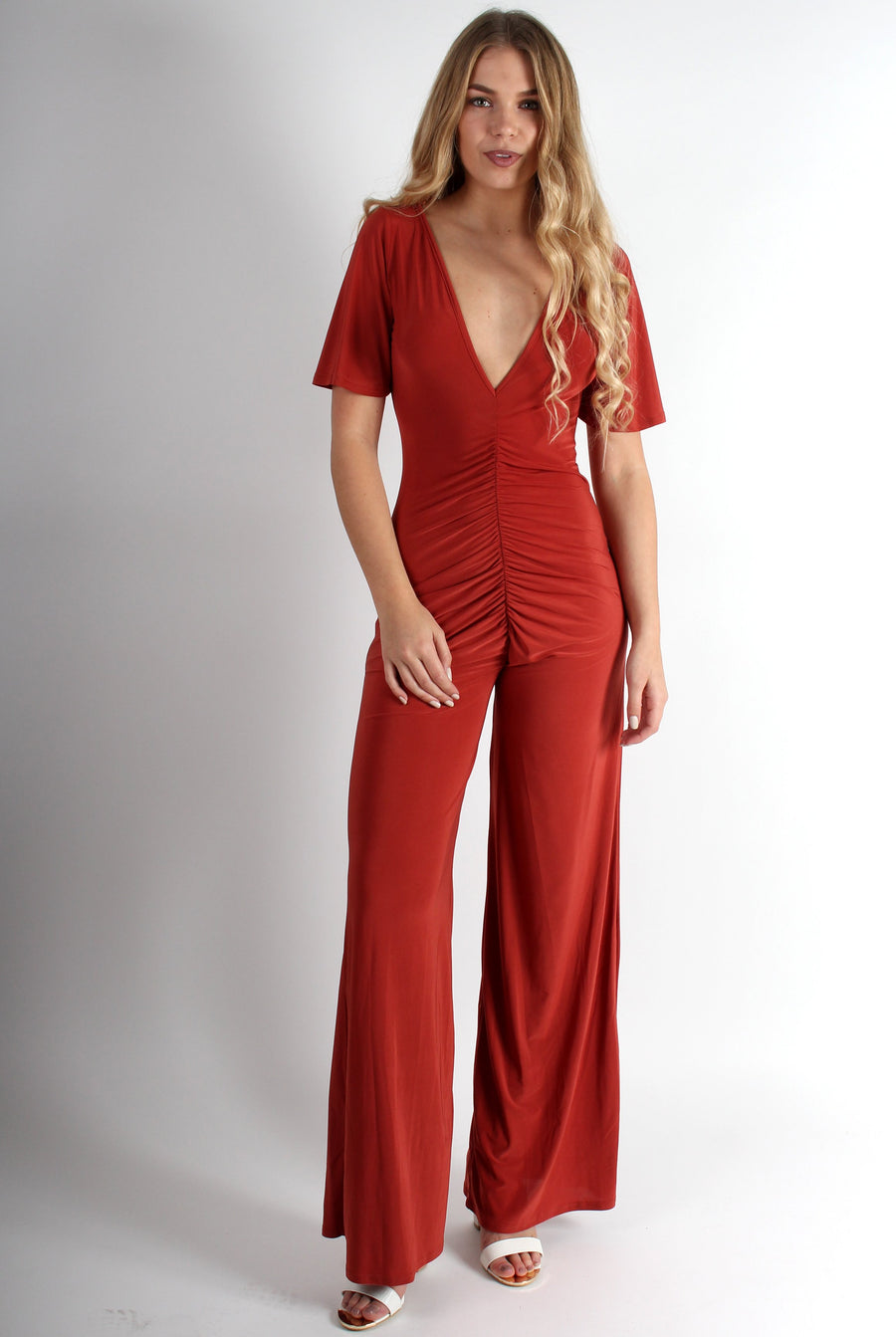 Lara Copper Rushed V Front Jumpsuit-Jumpsuits