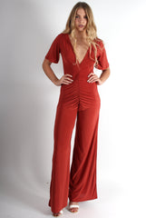 Lara Copper Rushed V Front Jumpsuit-Jumpsuits
