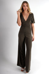 Lara Khaki Rushed V Front Jumpsuit-Jumpsuits