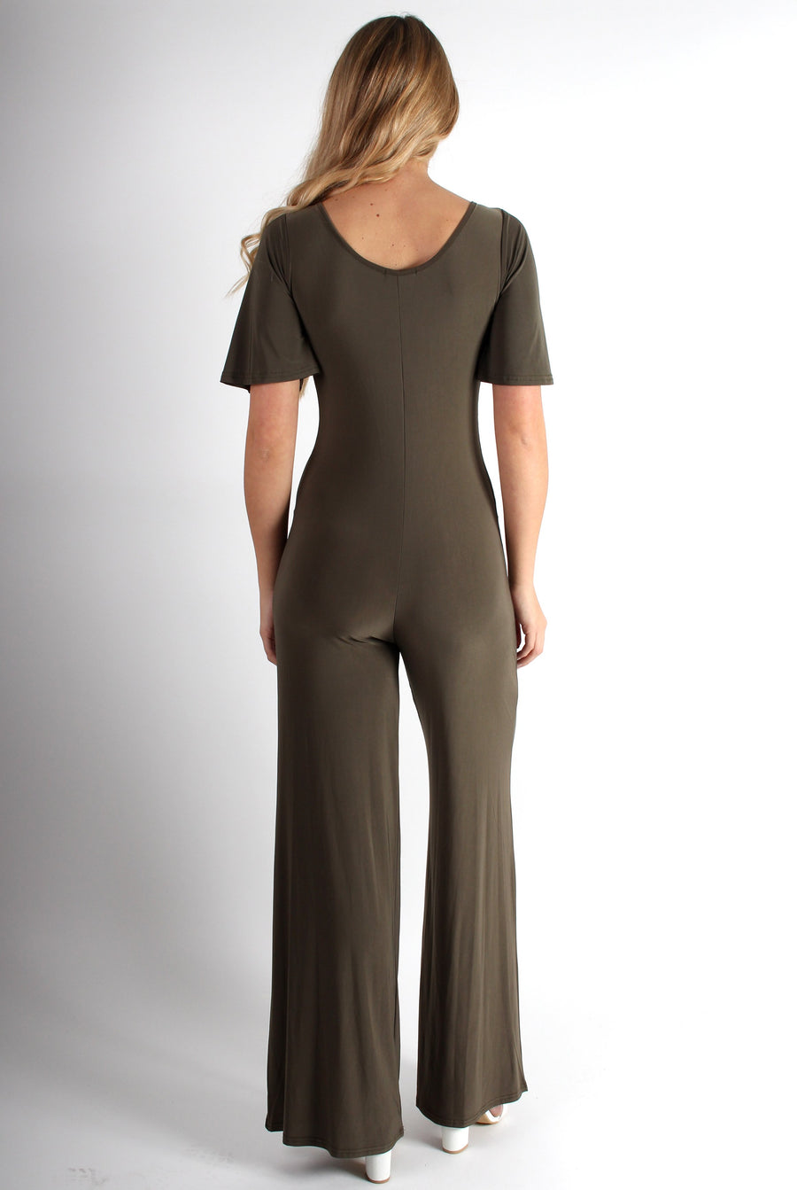 Lara Khaki Rushed V Front Jumpsuit-Jumpsuits