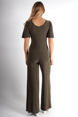 Lara Khaki Rushed V Front Jumpsuit-Jumpsuits