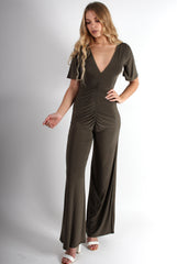 Lara Khaki Rushed V Front Jumpsuit-Jumpsuits