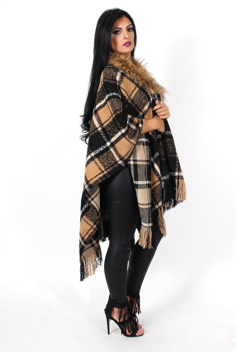 Latoya Beige Faux Fur Trimmed Cape-Dresses