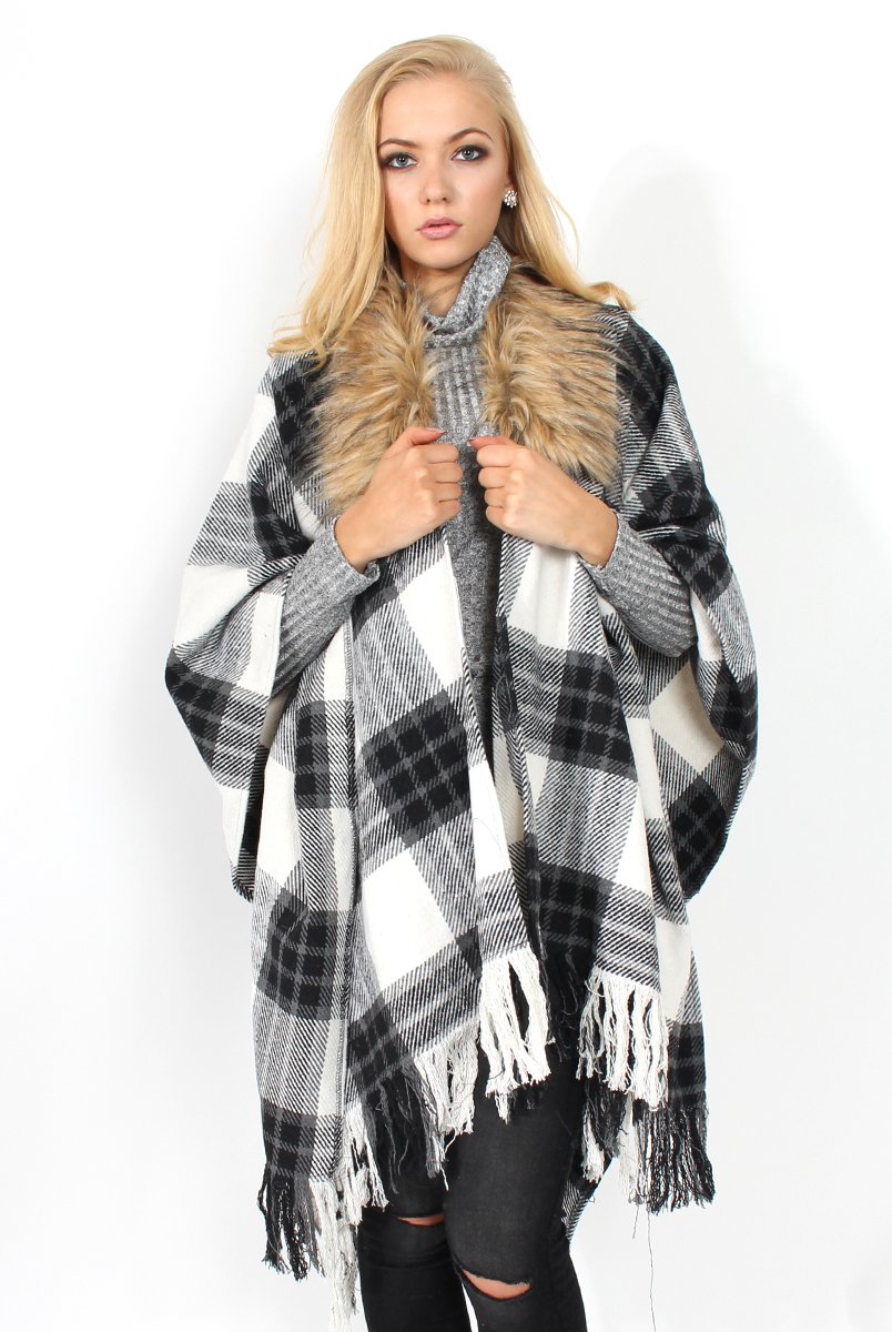 Latoya Grey Faux Fur Trimmed Cape-Dresses