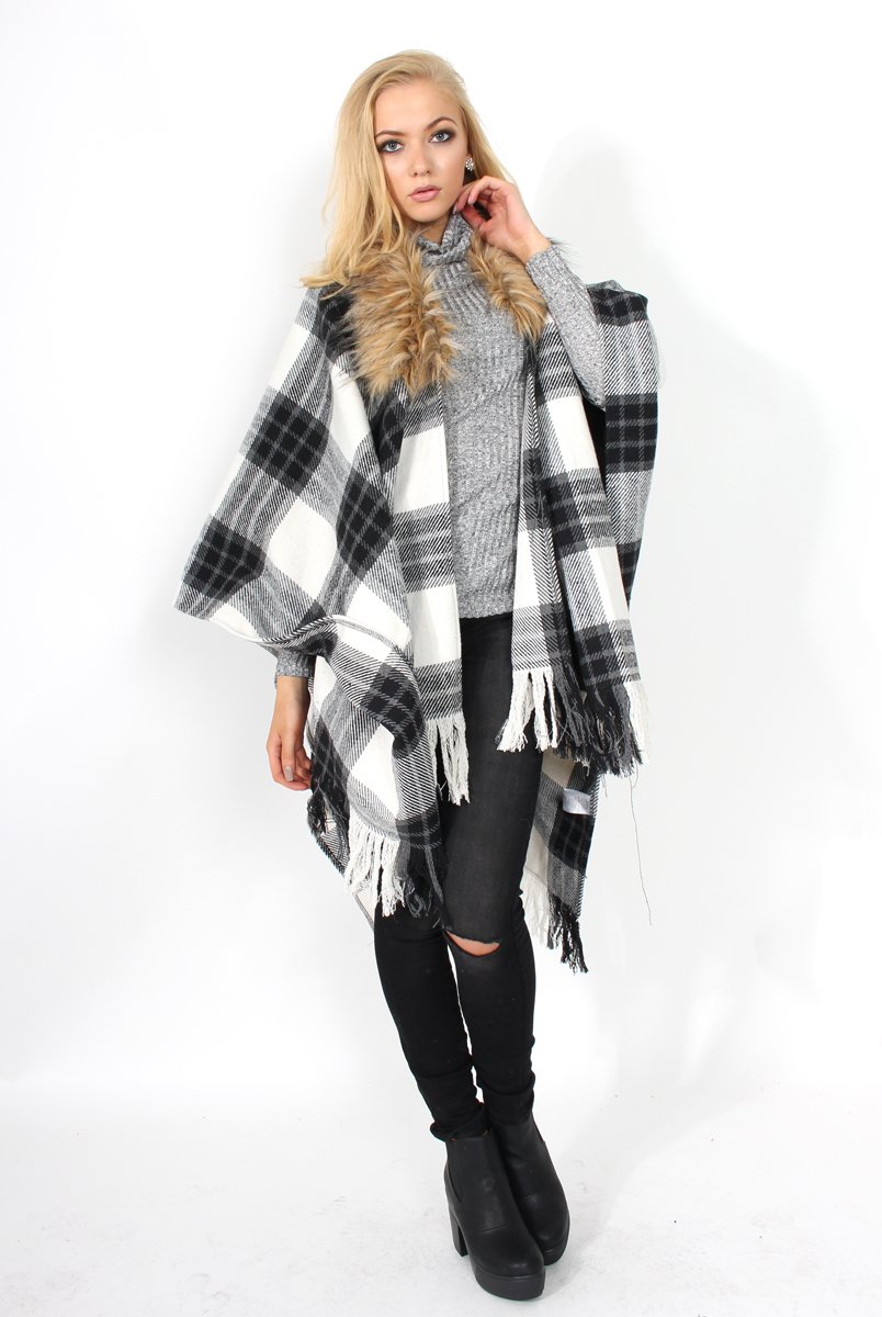 Latoya Grey Faux Fur Trimmed Cape-Dresses
