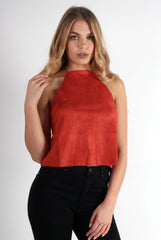 Laura Copper Suede High Neck Tie Back Top-Tops