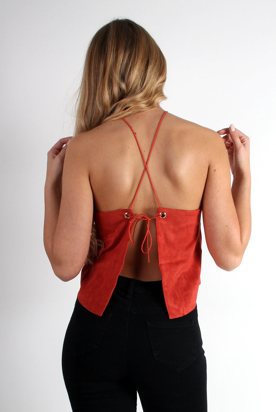 Laura Copper Suede High Neck Tie Back Top-Tops