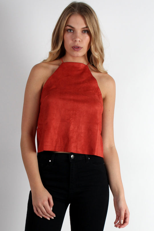 Laura Copper Suede High Neck Tie Back Top