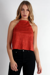 Laura Copper Suede High Neck Tie Back Top-Tops
