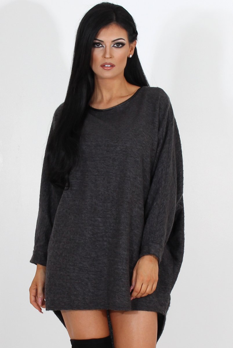 Leah Dark Grey Drooped Back Jumper Dress-Dresses