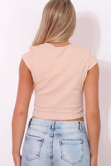Leanora Nude Ribbed Tie Front Crop Top-Crop Tops