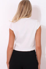 Leanora White Ribbed Tie Front Crop Top-Crop Tops