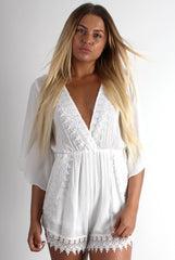Leigh White V Front Lace Trim Playsuit-Playsuits