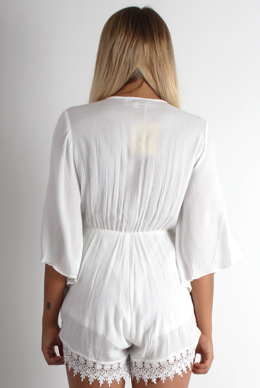 Leigh White V Front Lace Trim Playsuit-Playsuits