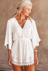 Leigh White V Front Lace Trim Playsuit-Playsuits