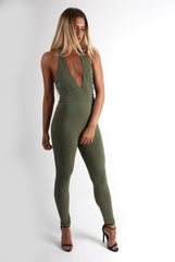 Lela Khaki Halterneck Jumpsuit-Jumpsuits