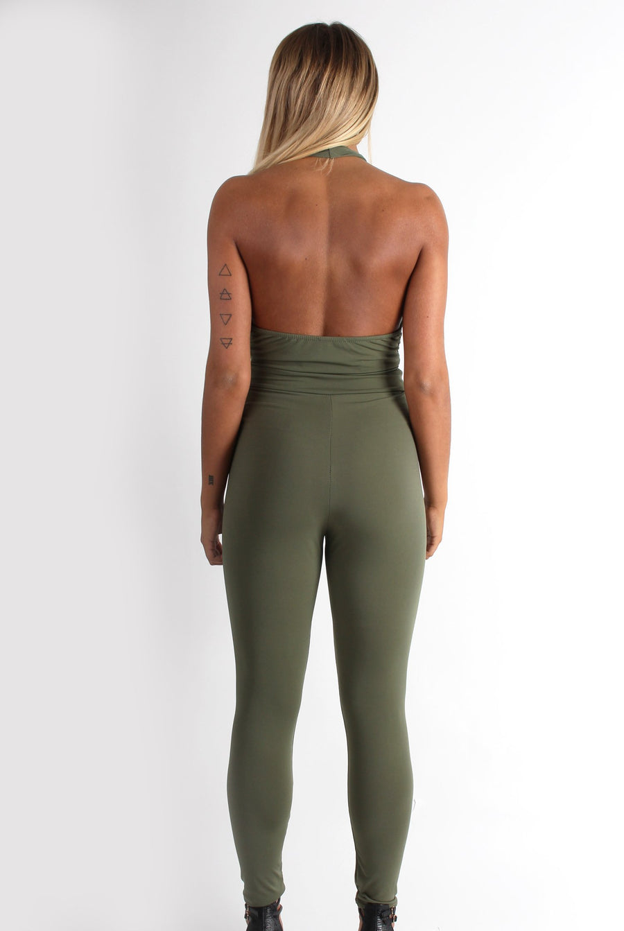Lela Khaki Halterneck Jumpsuit-Jumpsuits