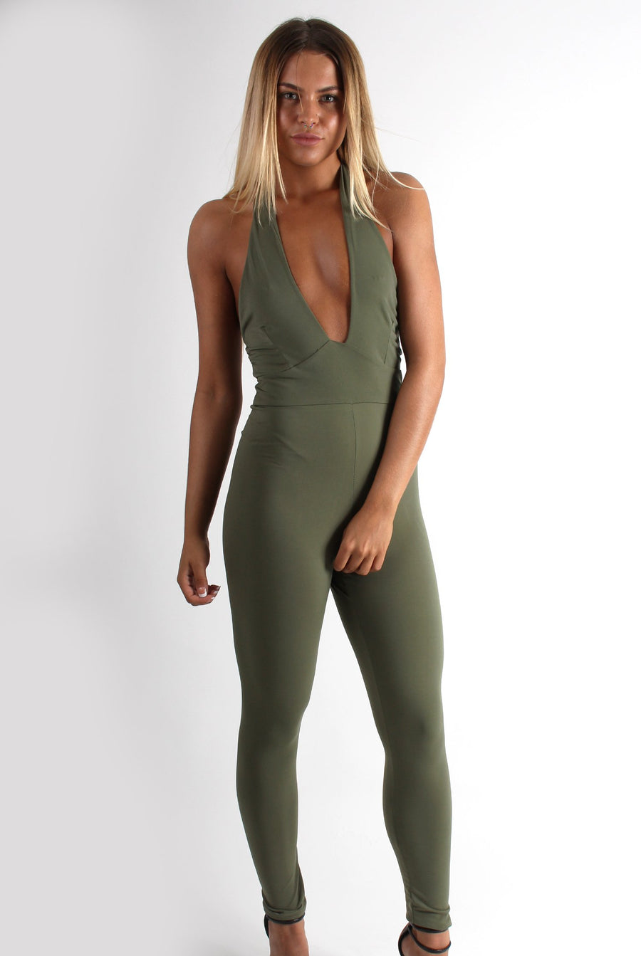 Lela Khaki Halterneck Jumpsuit-Jumpsuits