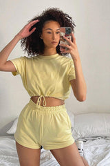 Lemon Cropped Top + Shorts Lounge Set - Valeria-Loungewear
