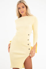 Lemon Slash Neck Button Rib Knit Midi Dress - Haydee-Dresses