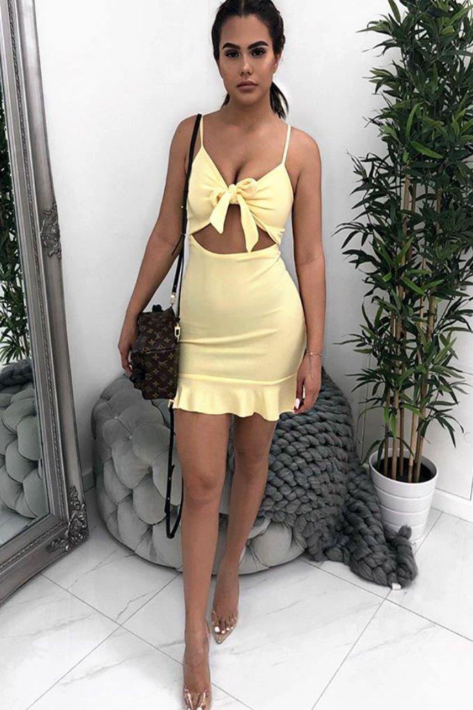 Lemon Tie Front Ruffle Hem Mini Dress - Darianna-Dresses