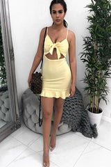 Lemon Tie Front Ruffle Hem Mini Dress - Darianna-Dresses
