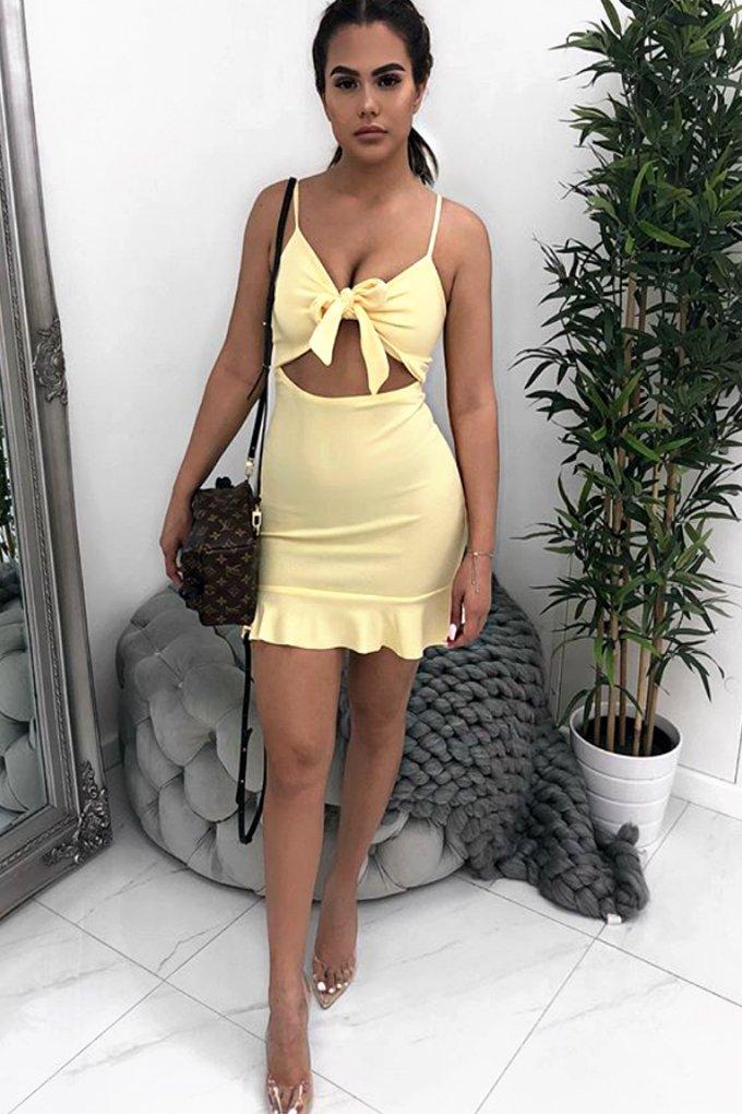 Lemon Tie Front Ruffle Hem Mini Dress - Darianna-Dresses