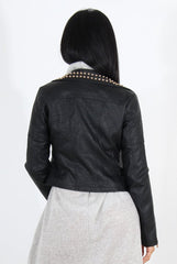 Lenni Black & Gold Leather Biker Jacket-Jackets