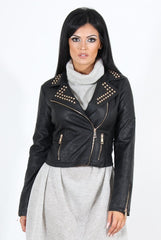Lenni Black & Gold Leather Biker Jacket-Jackets