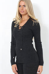 Lennie Dark Grey Ribbed Lace Up Loungewear Set-Loungewear