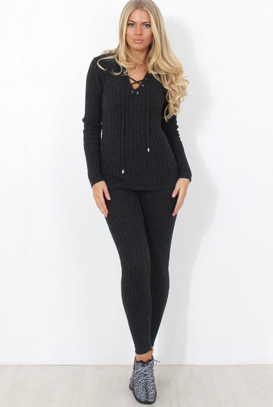 Lennie Dark Grey Ribbed Lace Up Loungewear Set