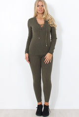 Lennie Khaki Ribbed Lace Up Loungewear Set-Loungewear