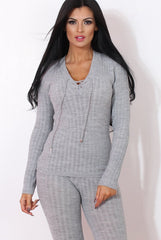 Lennie Light Grey Ribbed Lace Up Loungewear Set-Loungewear