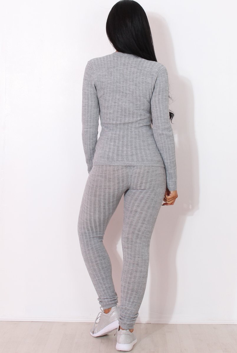 Lennie Light Grey Ribbed Lace Up Loungewear Set-Loungewear