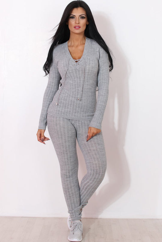Lennie Light Grey Ribbed Lace Up Loungewear Set