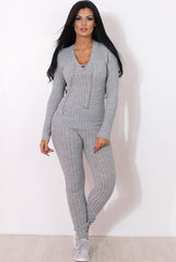Lennie Light Grey Ribbed Lace Up Loungewear Set-Loungewear