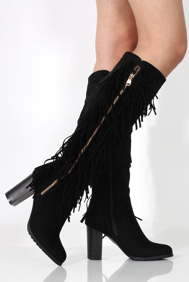 Lenora Black Suede Tassel Over Knee Boots-Boots