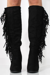 Lenora Black Suede Tassel Over Knee Boots-Boots