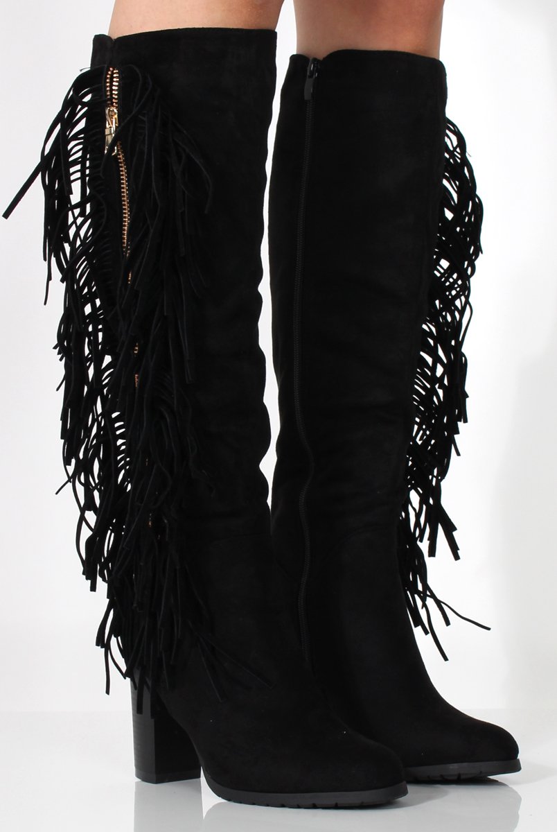 Lenora Black Suede Tassel Over Knee Boots-Boots
