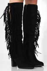 Lenora Black Suede Tassel Over Knee Boots-Boots