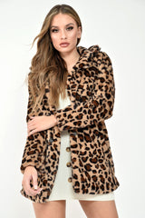 Leopard Faux Fur Popper Button Coat - Clarisa-Coats