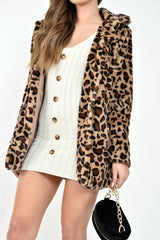 Leopard Faux Fur Popper Button Coat - Clarisa-Coats