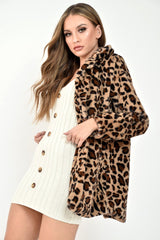 Leopard Faux Fur Popper Button Coat - Clarisa-Coats