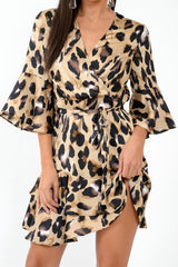 Leopard Frill Tie Waist Mini Dress - Maxtyn-Dresses